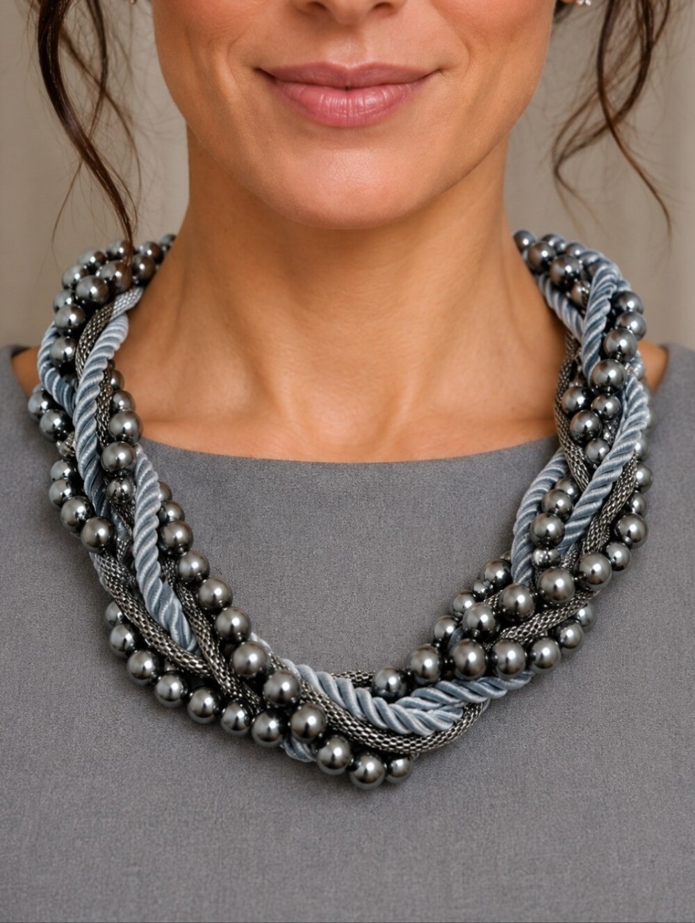 7 Strand Braided Twisted Gray Faux Pearls Silver Mesh Tube Silk Necklace EUC
